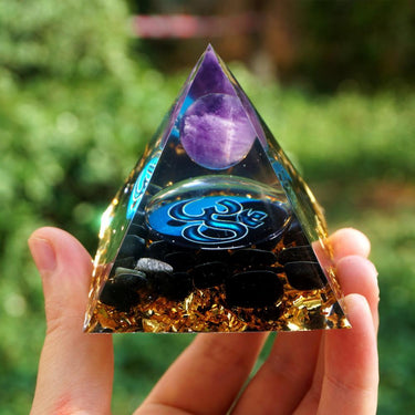 #207 - Handmade Amethyst & Obsidian OM symbol 'COMFORT' ORGONITE Pyramid
